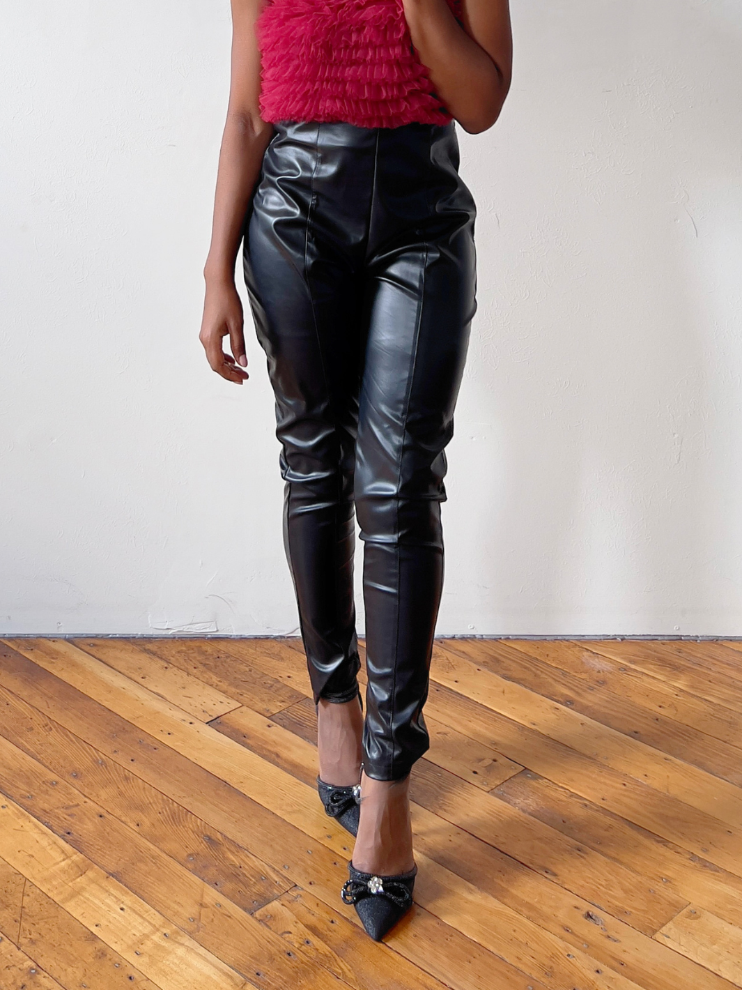 Top Bae - High Waist Faux Leather Pants with Pockets - Shiny