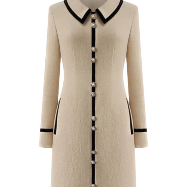 luxury ivory merino wool mini dress adorned with gilded gold buttons