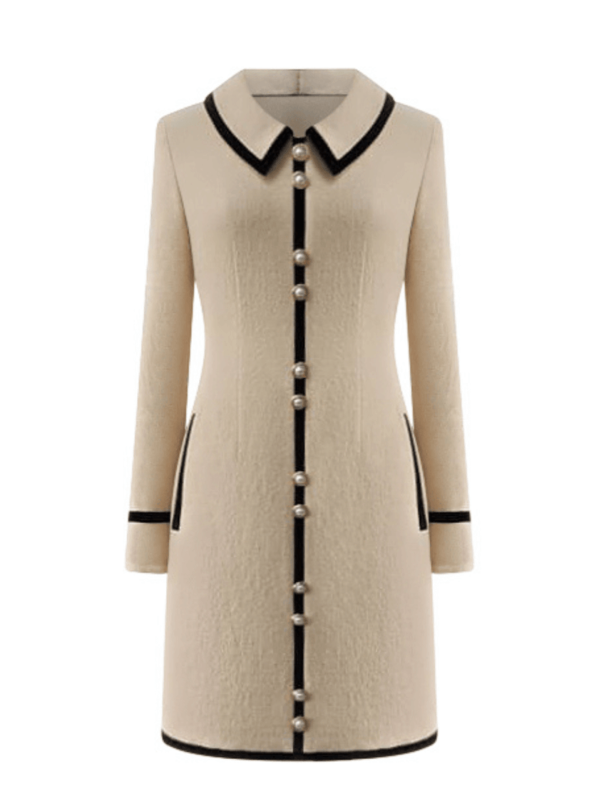 luxury ivory merino wool mini dress adorned with gilded gold buttons