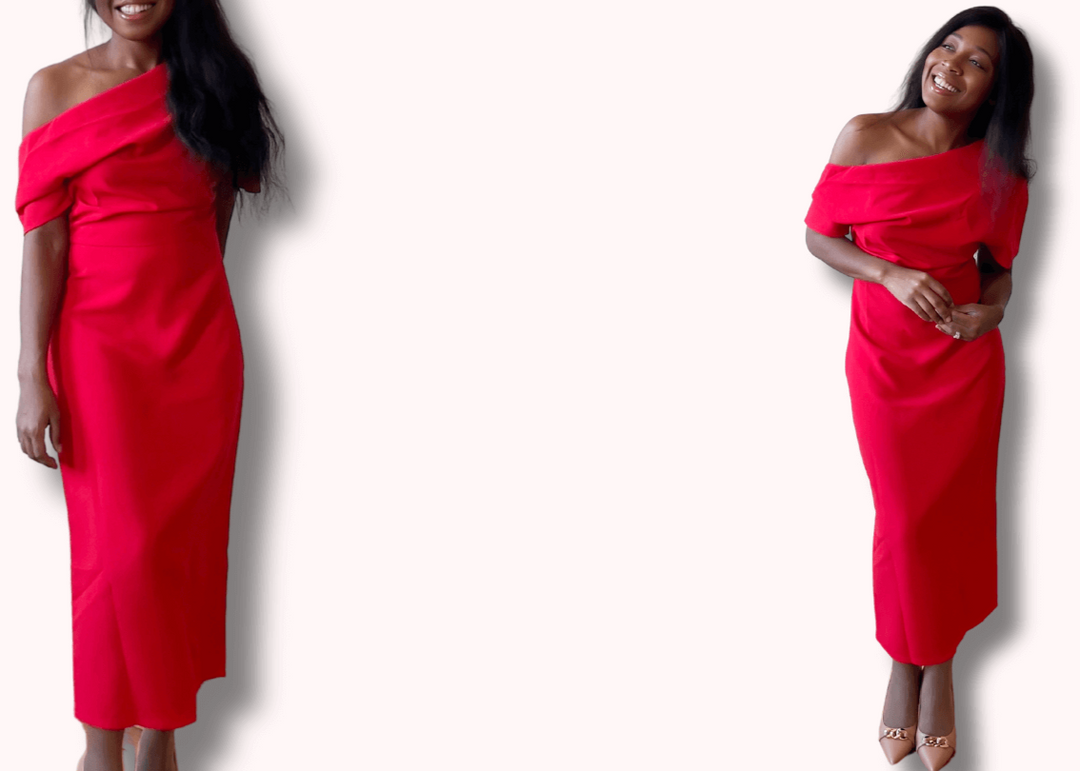 tiana bay - a feminine black woman wearing a Classy Red Midi Dress