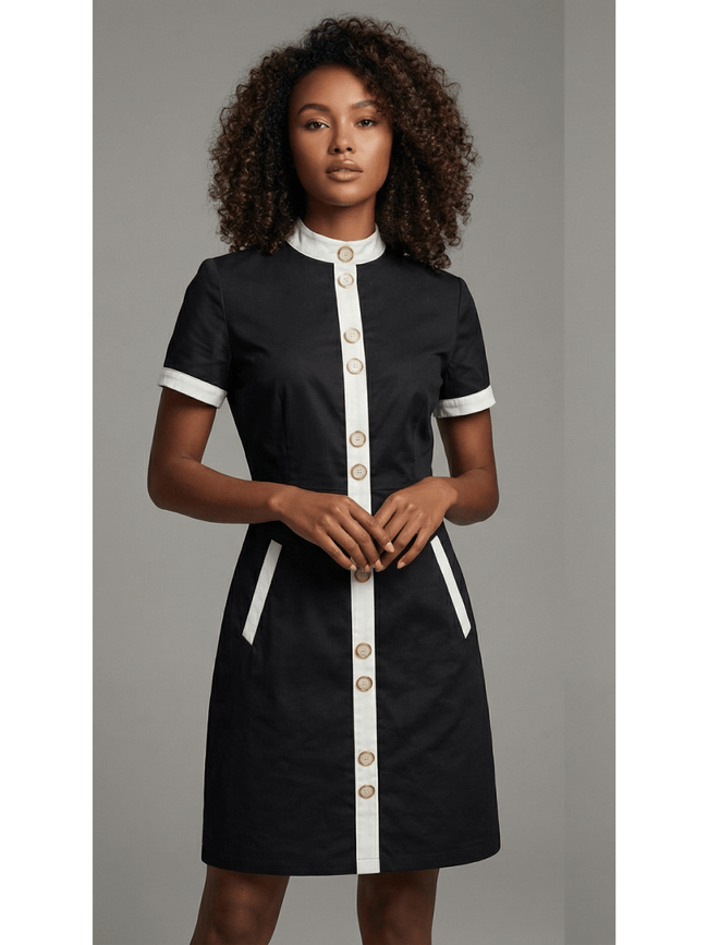 Woman wearing a black dress with white accents on a gray background