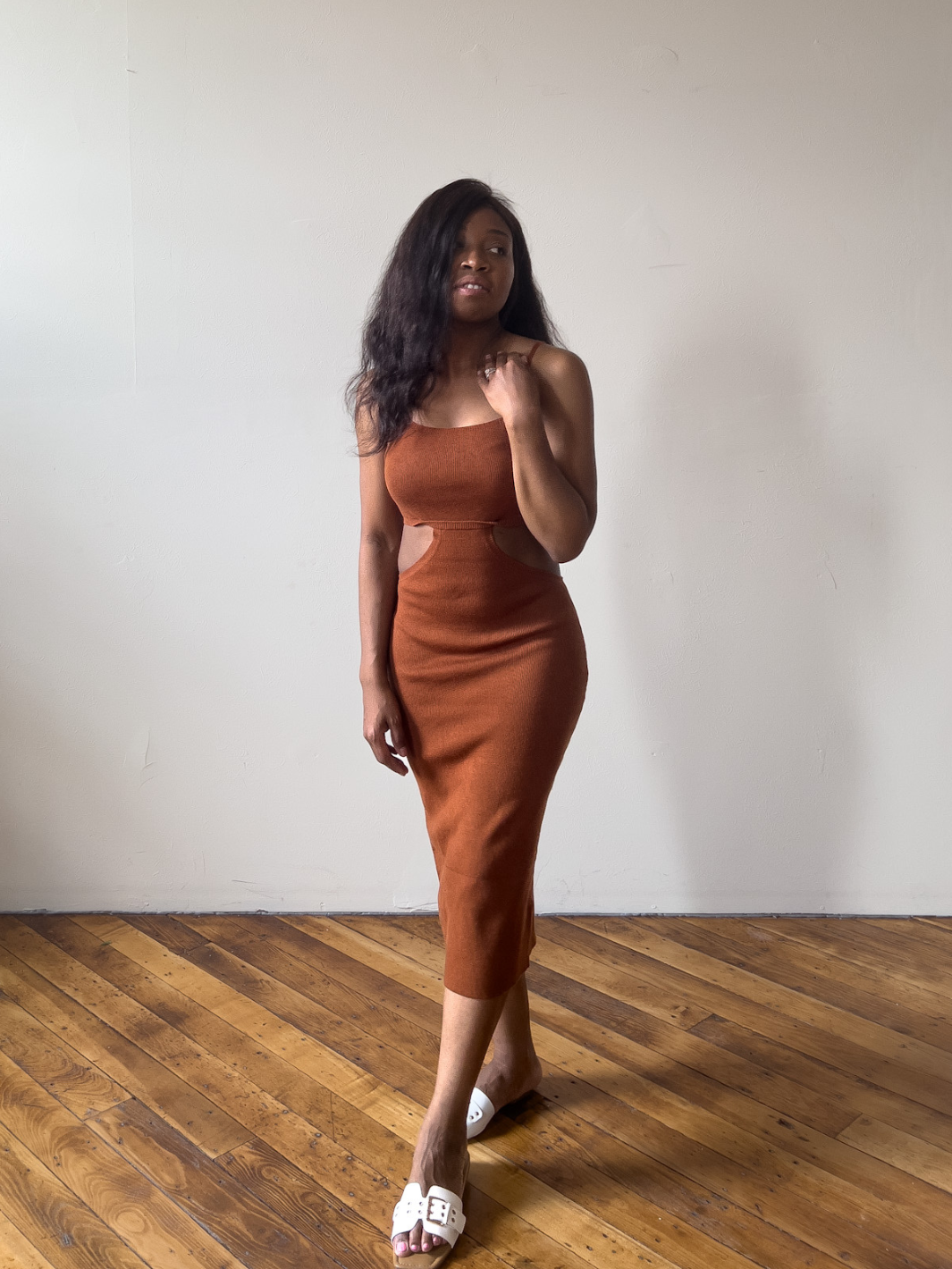 Sophisticated Cognac Cutout Bodycon Dress