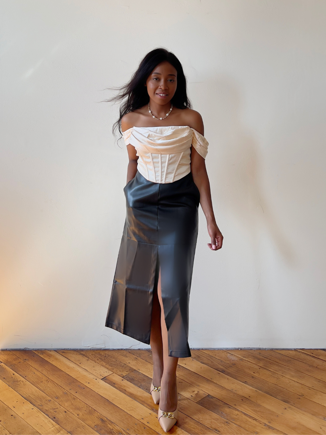 Black Faux Leather Midi Skirt