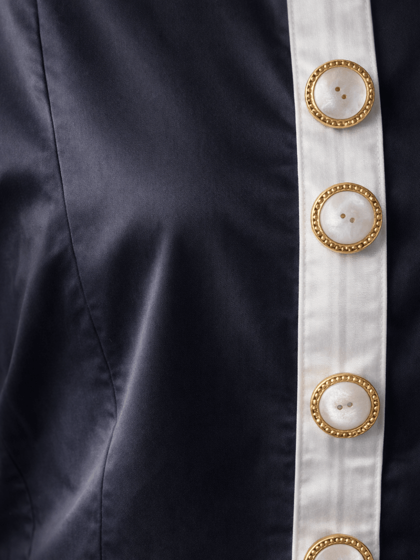 Elegant mini dress - Olivia cotton sateen close up on black mini dress with short sleeves and feminine fit 