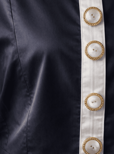 Elegant mini dress - Olivia cotton sateen close up on black mini dress with short sleeves and feminine fit 