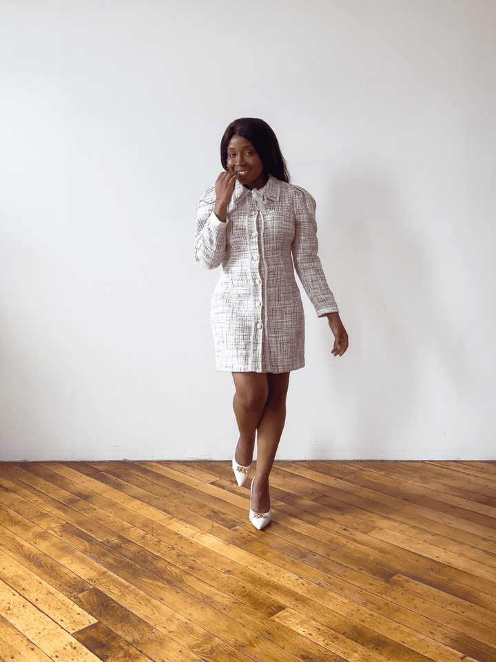 Ivory Tweed Long Sleeve Mini Dress