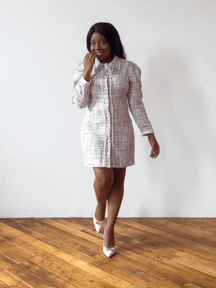 Ivory Tweed Long Sleeve Mini Dress