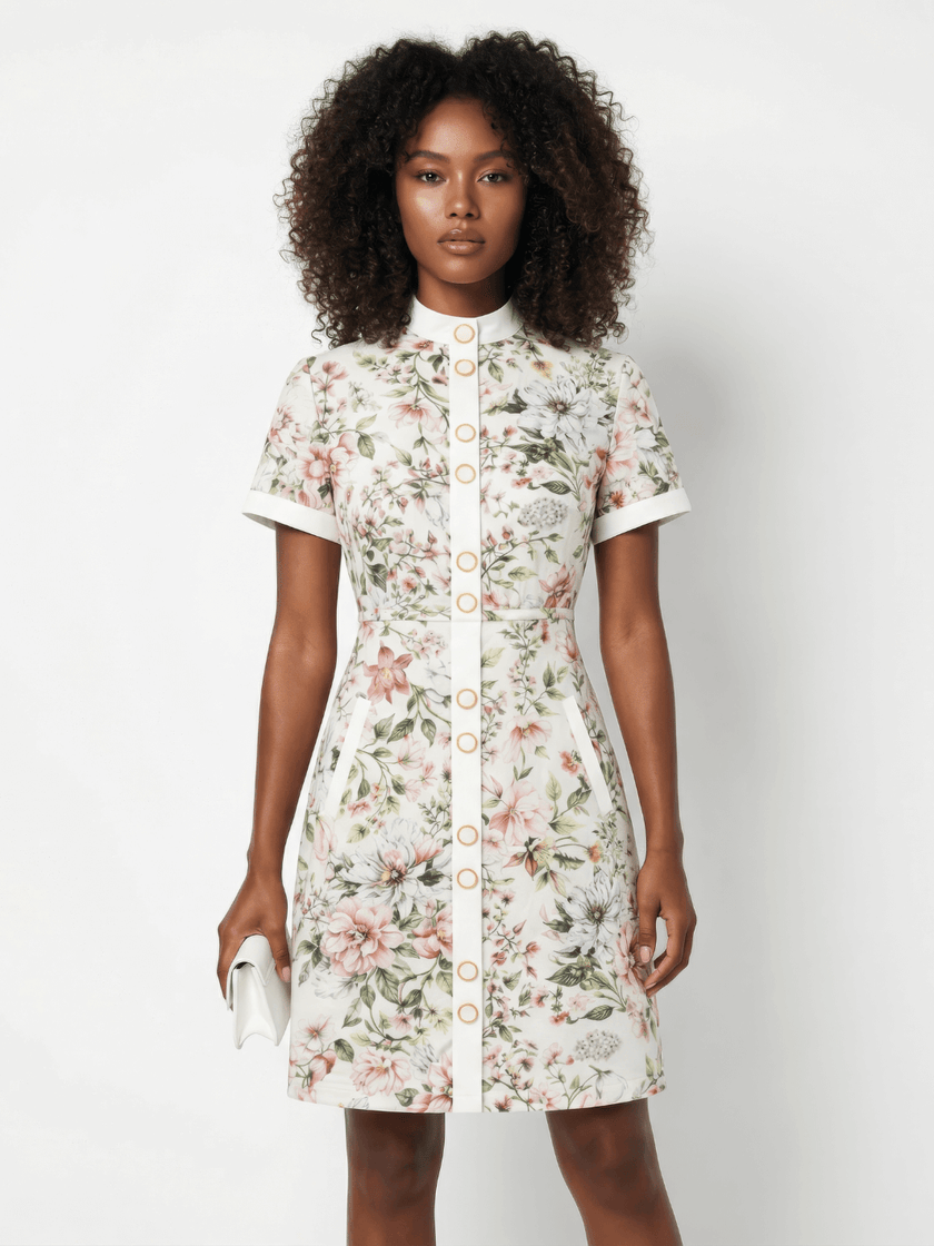 Woman wearing a feminine floral cotton dress on a white background