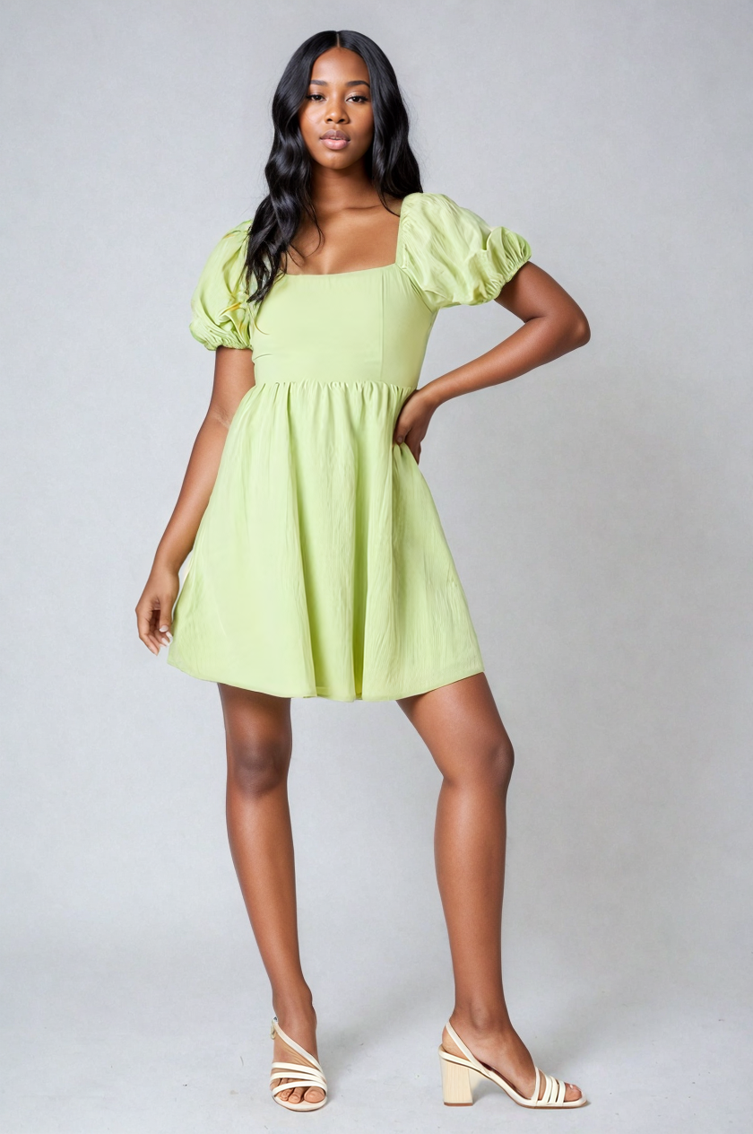 Soft Green Puff Sleeve Mini Dress