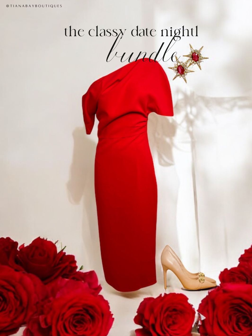 this photo features an elegant red midi dress,  nude heels and feminine rose earrings on a marble background with roses. Tiana Bay