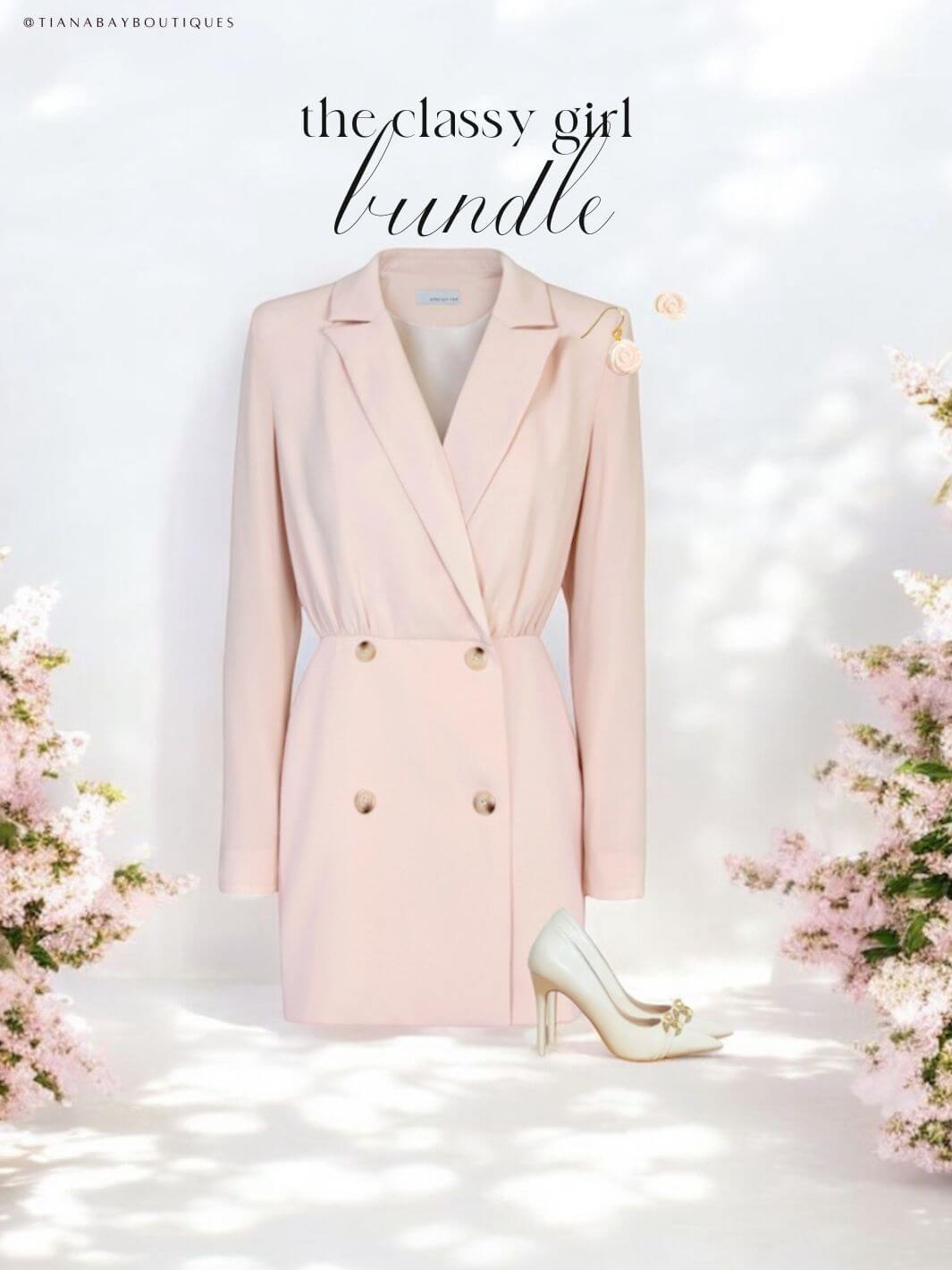 this photo features a pink blazer romper, cream heels and feminine rose earrings on a white background. Tiana Bay