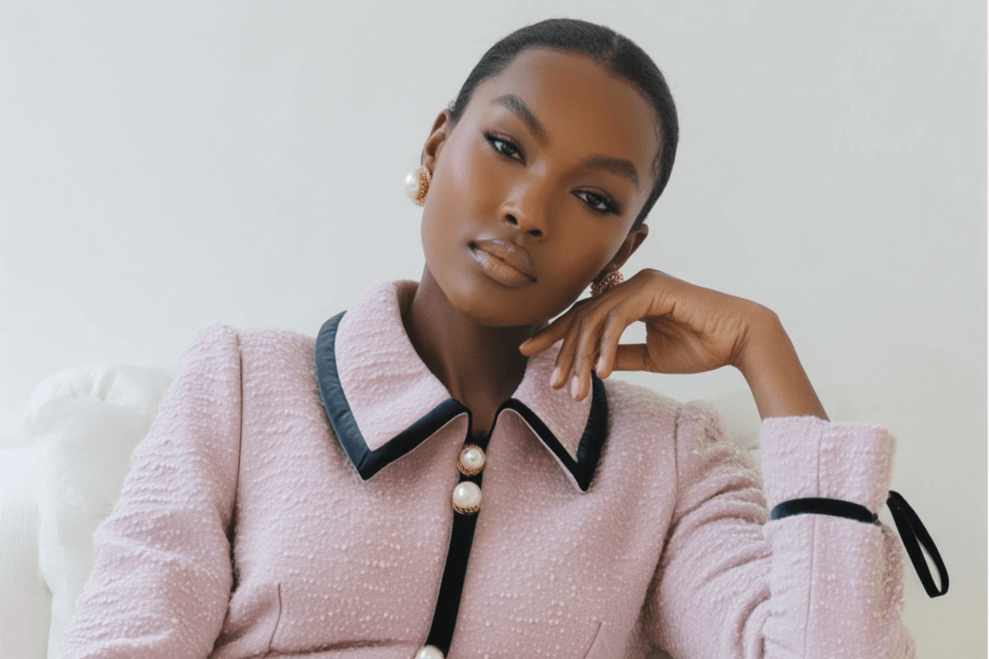 Elegant Black Woman wearing a pink jacket with black trim and pearl buttons against a white background