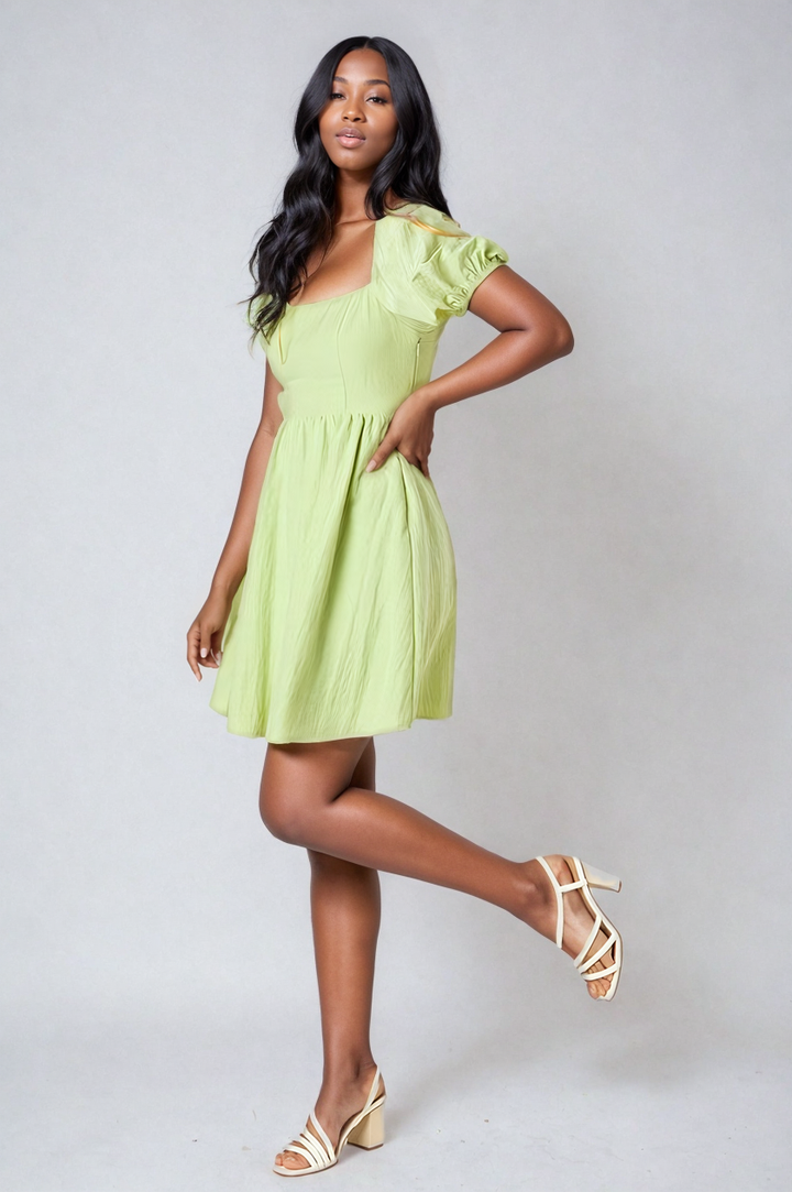 Soft Green Puff Sleeve Mini Dress