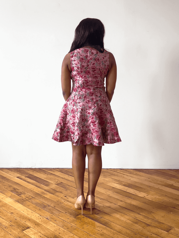 pink floral mini dress - back view - feminine clothes