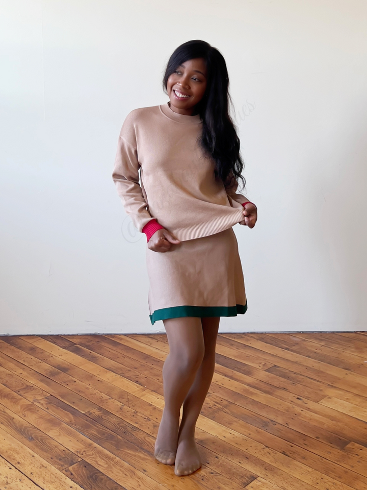 Holiday Elegant Knit Contrast Mini Skirt Set