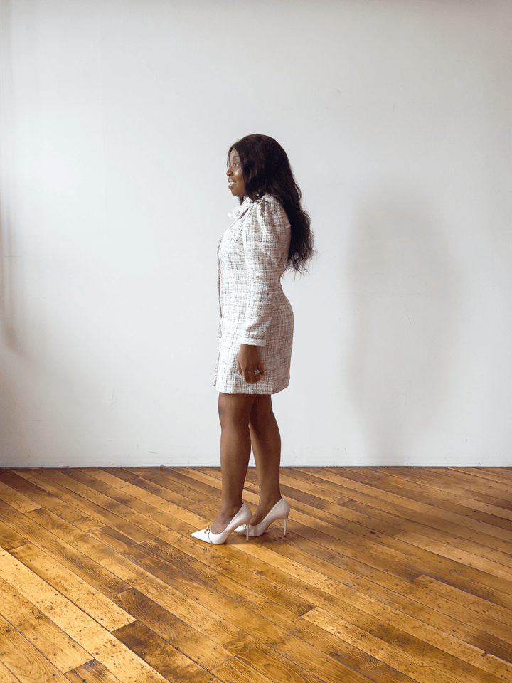 Ivory Tweed Long Sleeve Mini Dress