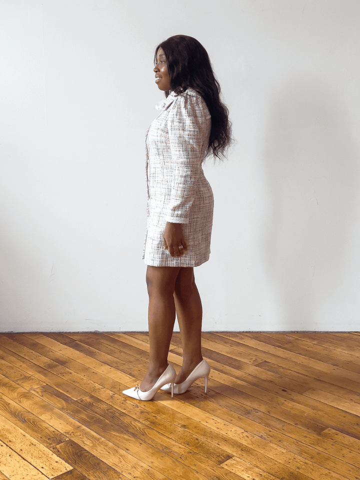 Ivory Tweed Long Sleeve Mini Dress