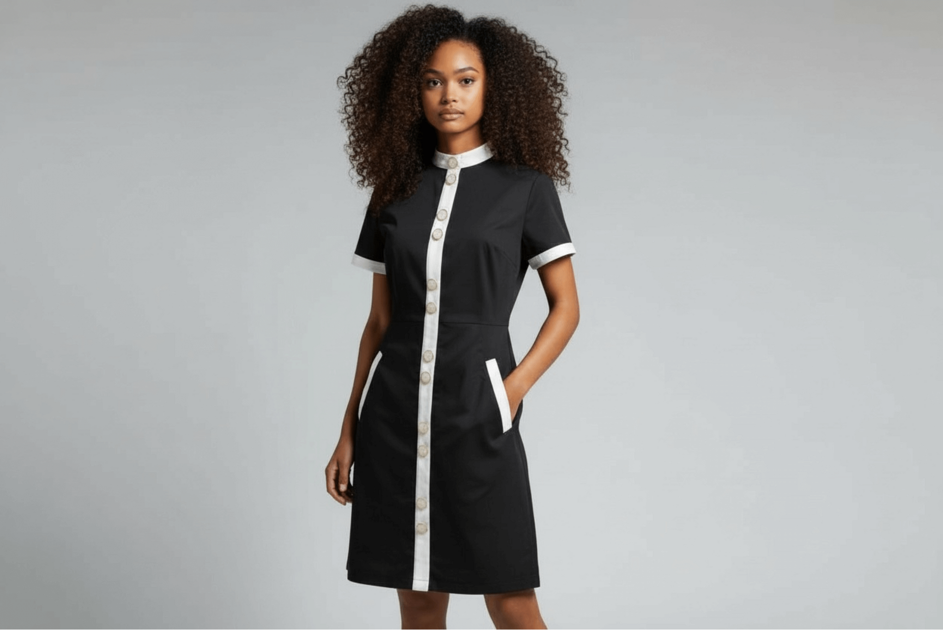 Woman wearing a black cotton dress -THEOLIVIA with white accents on a gray background