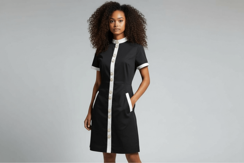 Woman wearing a black cotton dress -THEOLIVIA with white accents on a gray background