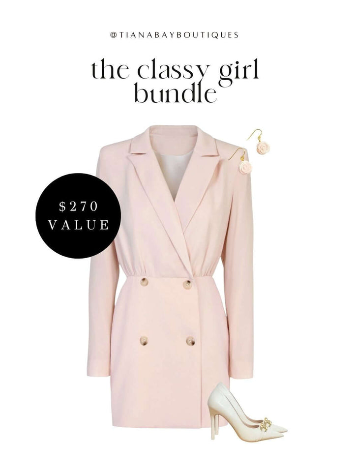 this photo features a pink blazer romper, cream heels and feminine rose earrings on a white background. Tiana Bay