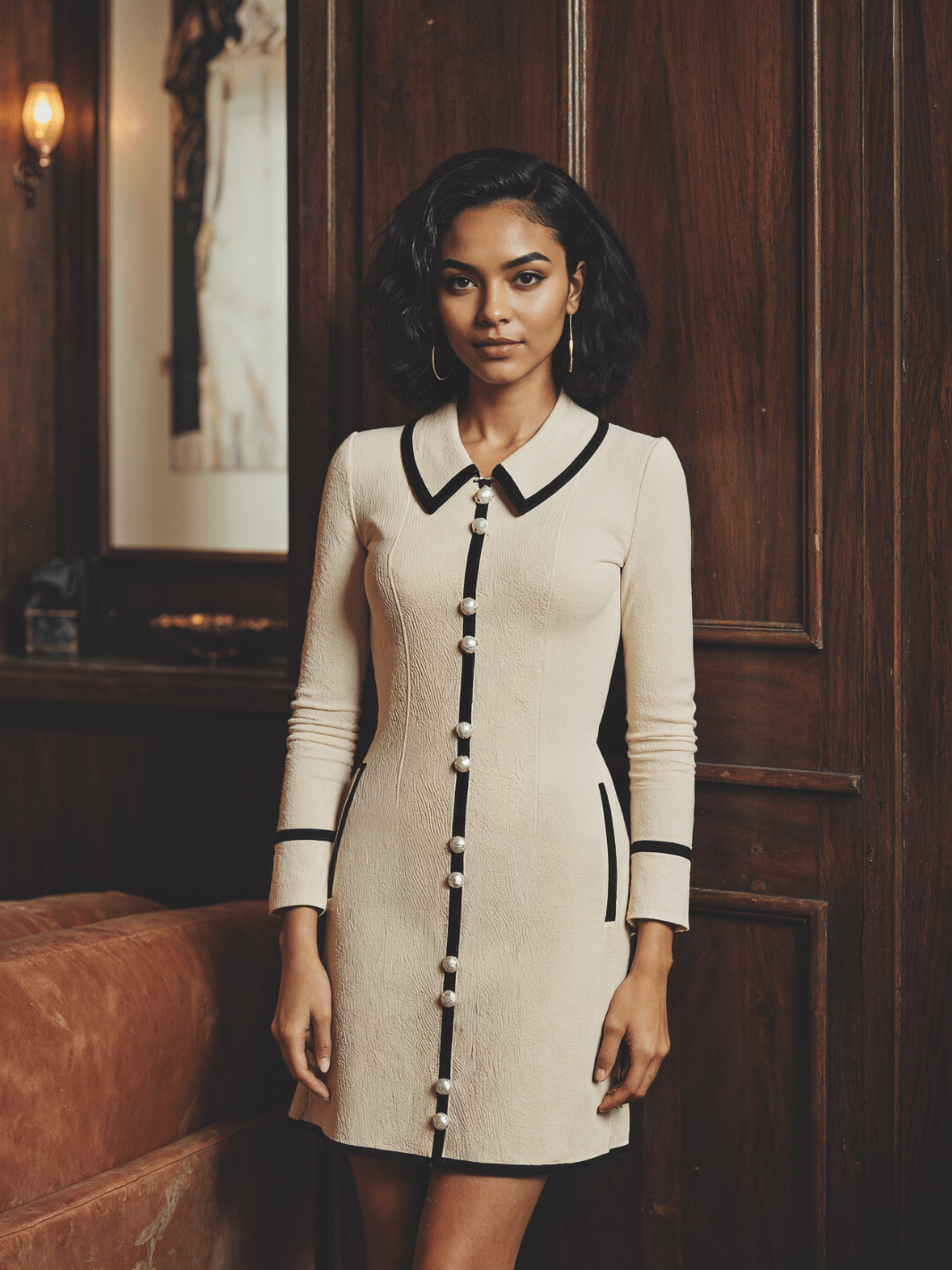 Woman wearing an ivory wool mini dress with black trim in an indoor setting