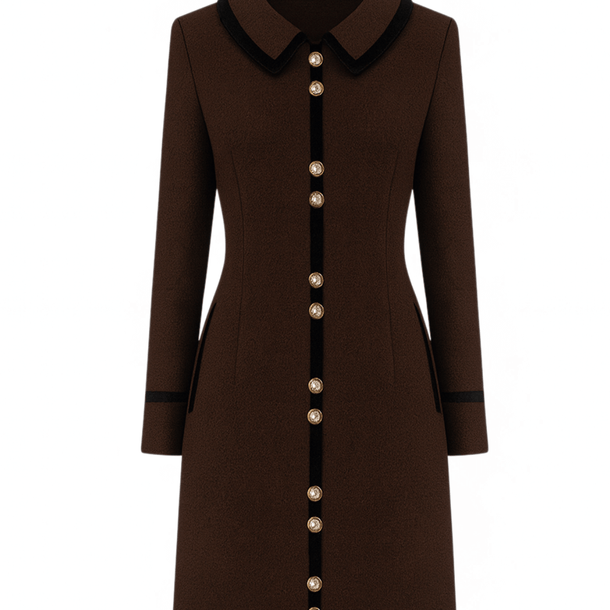 Brown wool dress with black trim and pearl buttons on a white background