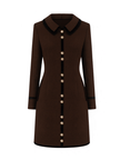 Brown wool dress with black trim and pearl buttons on a white background