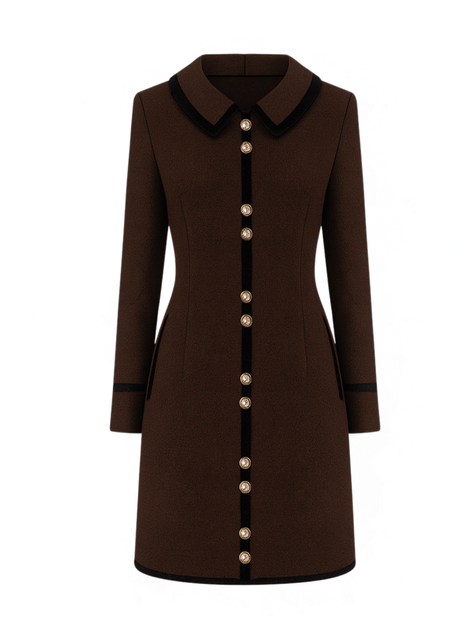 Brown wool dress with black trim and pearl buttons on a white background