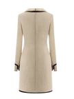 luxury wool mini dress with black trim on a white background