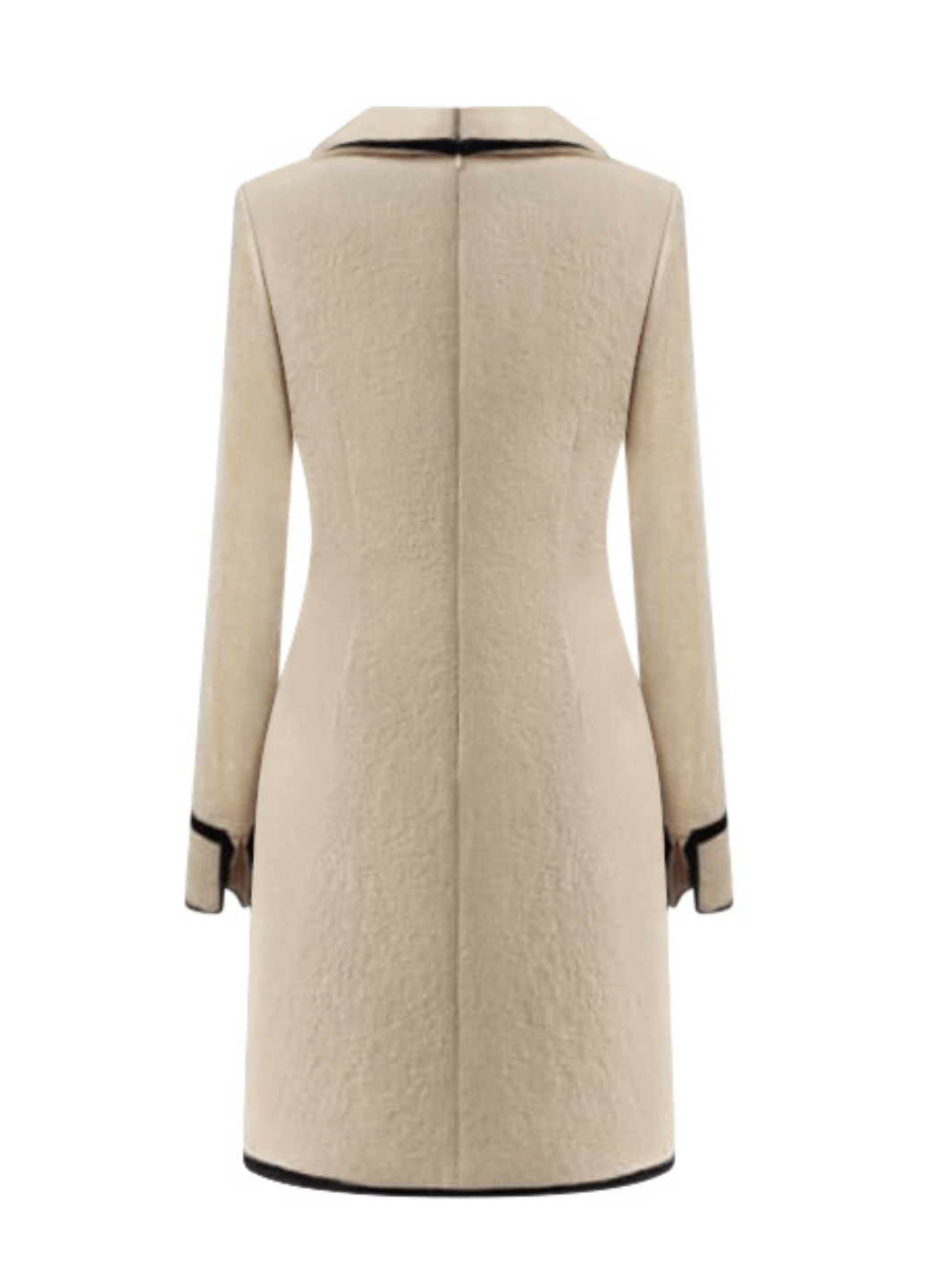 luxury wool mini dress with black trim on a white background