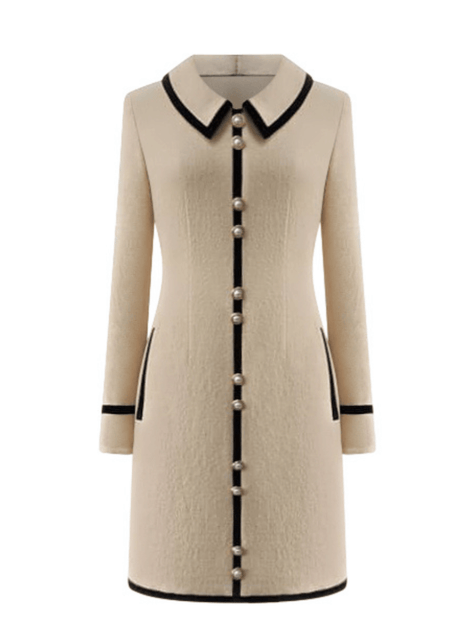 luxury ivory merino wool mini dress adorned with gilded gold buttons 