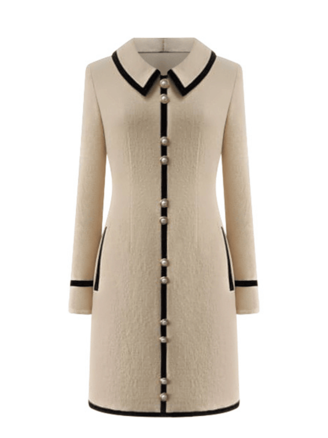 luxury ivory merino wool mini dress adorned with gilded gold buttons 