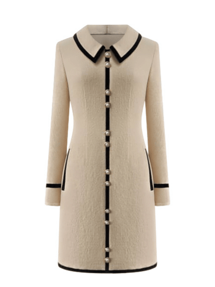 luxury ivory merino wool mini dress adorned with gilded gold buttons 
