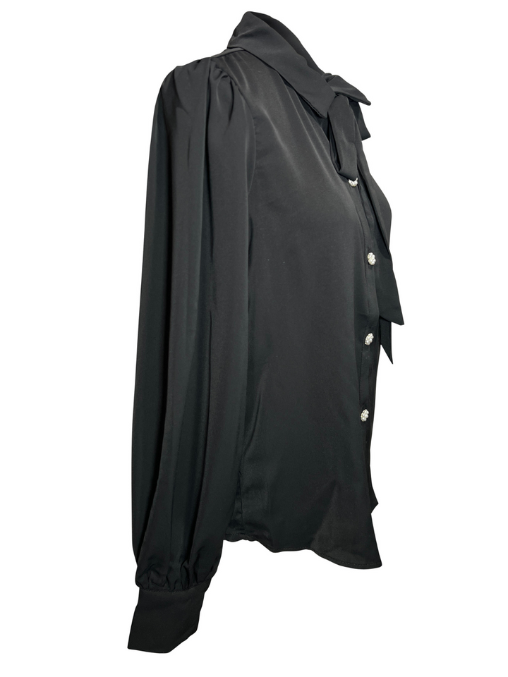 Feminine Long Sleeve Black Woven Blouse